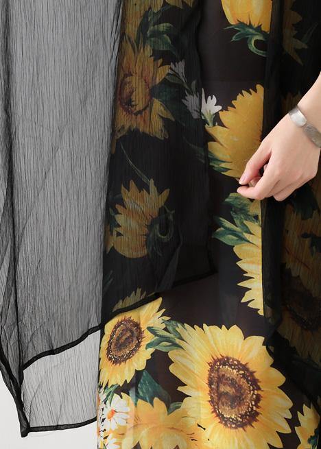 Faux Two-Piece Sunflower Print Sheer Overlay Kimono Sleeve Maxi Dress