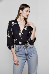 Printed Collared Lantern Sleeve Elegant Long Sleeve Blouse