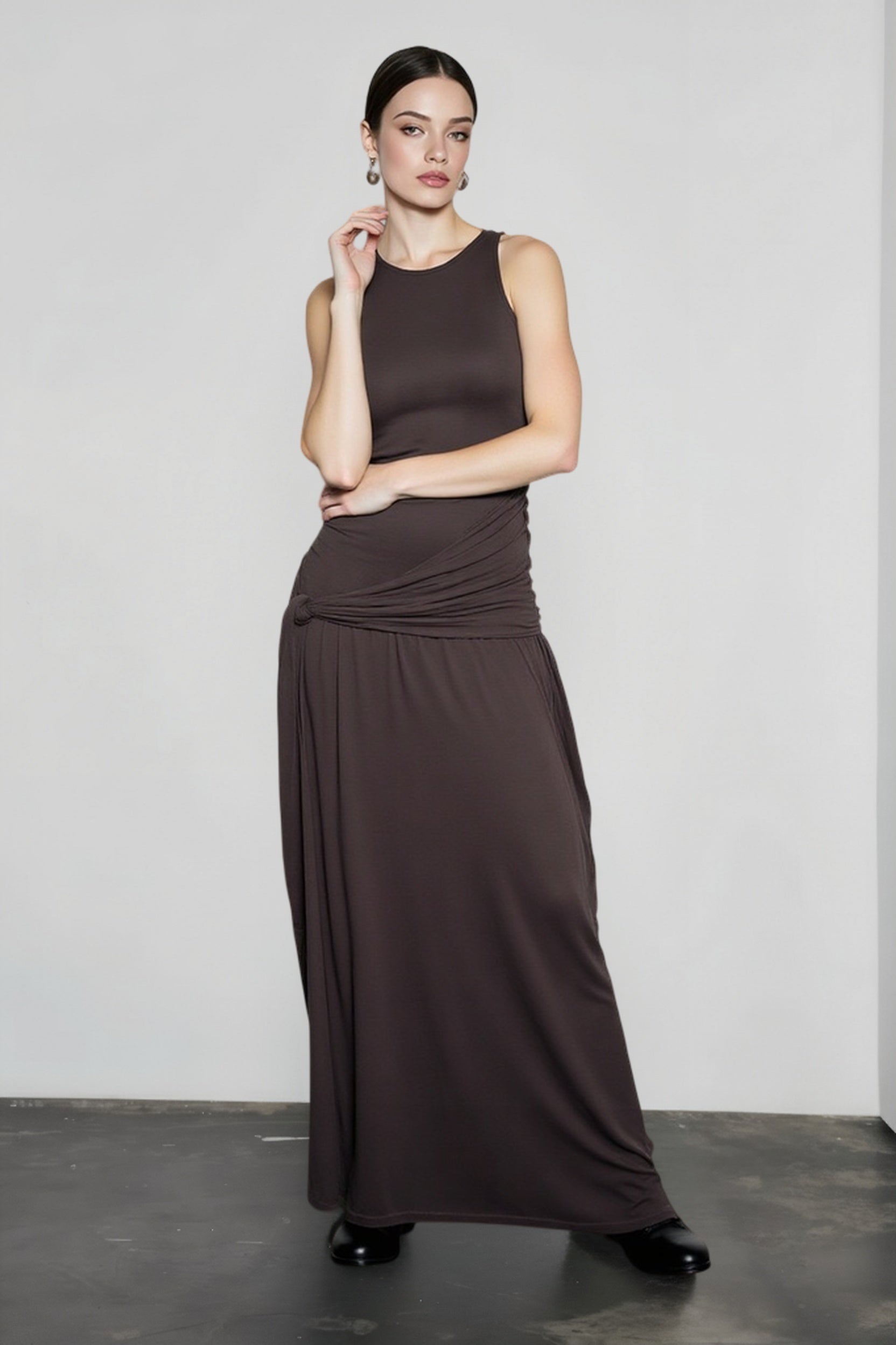Sleeveless Draped Sash Asymmetric Waist Maxi Dress
