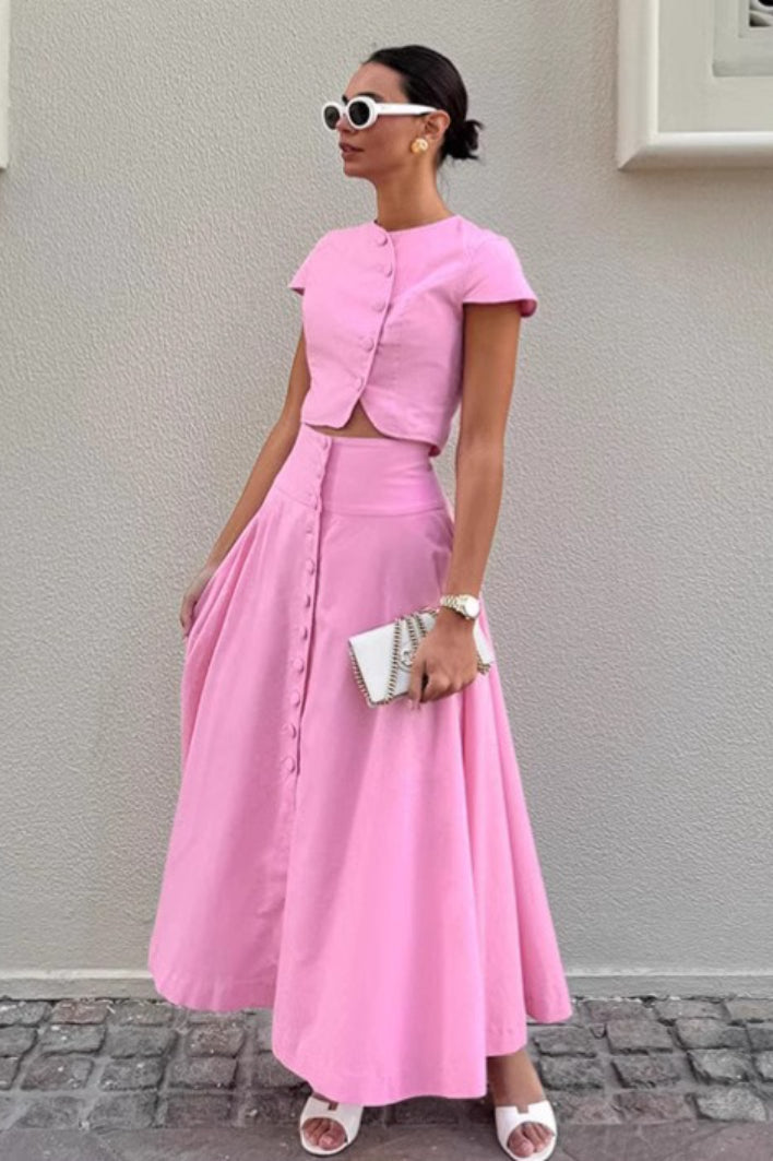 Short Sleeve Button Front Crop Top and A-Line Maxi Skirt Two Piece Set