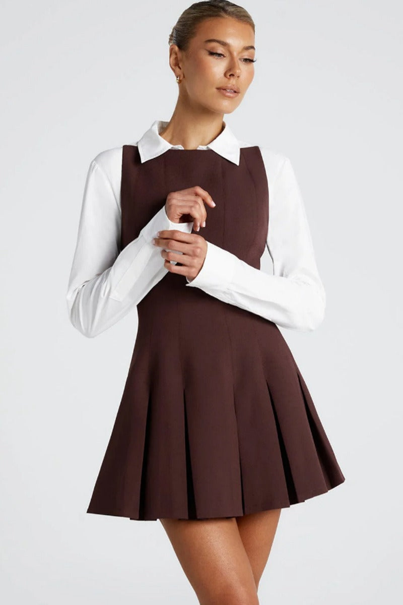 Boat Neck Sleeveless Box Pleat Structured Fit and Flare Mini Cocktail Dress