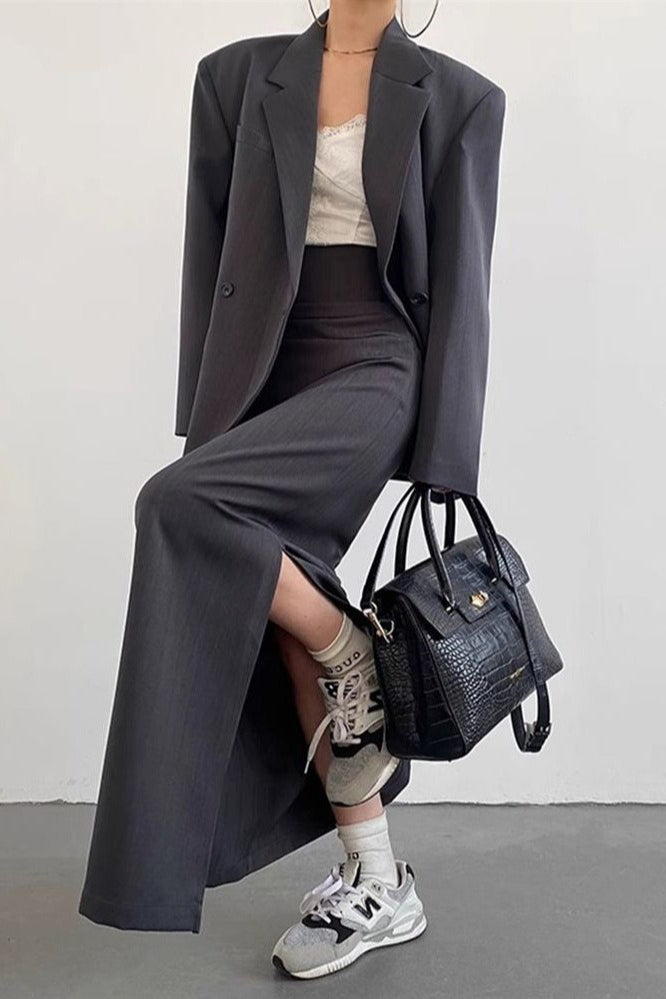 Pinstripe Oversized Blazer and Side Slit Maxi Skirt Two Piece Set 2