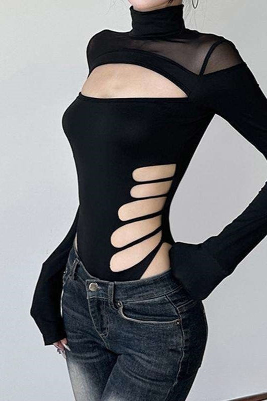 Asymmetrical Cutout Mesh Turtleneck Slim Bodysuit