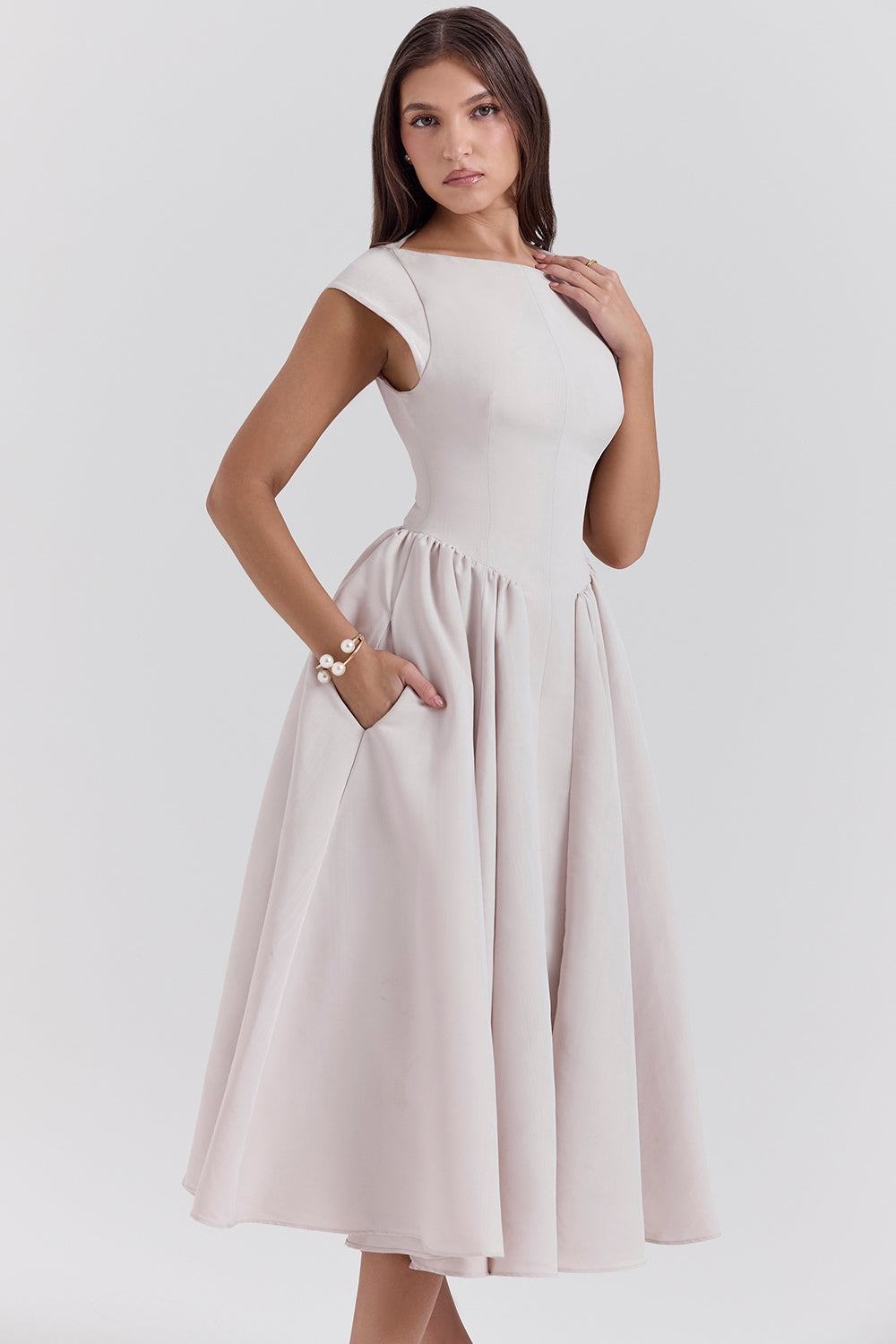 Boat Neck Cap Sleeve Drop Waist Full Skirt Midi Dress 4