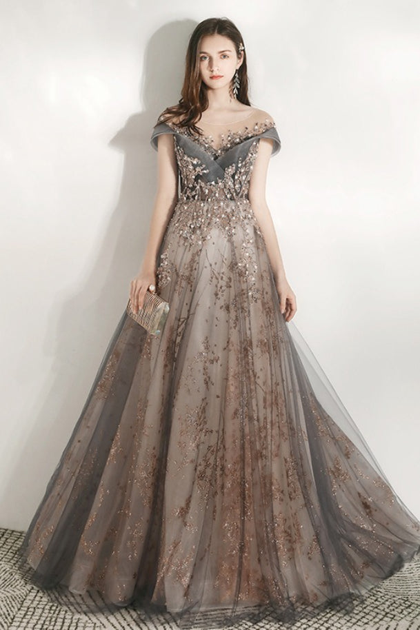 V Neck Beaded Ball Gown Prom Dress