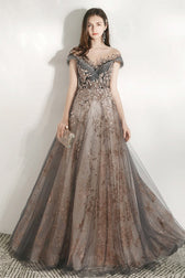 V Neck Beaded Ball Gown Prom Dress