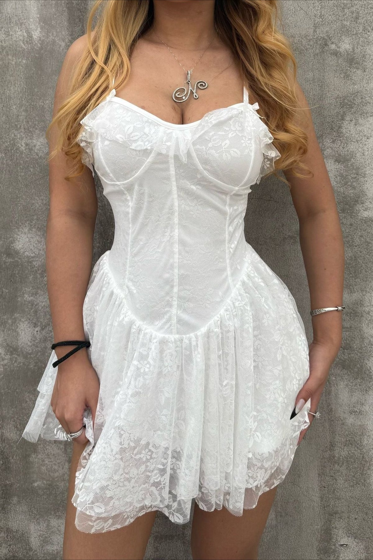 Embroidered Spaghetti Strap Corset Bodice Fit and Flare Mini Dress 2