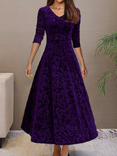Floral Velvet V-Neck Long Sleeve Fit and Flare Midi Dress 4