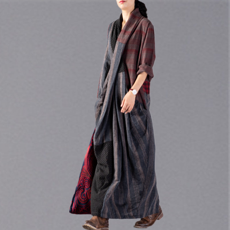 Plaid Patchwork V-Neck Asymmetric Drape Pocket Kaftan Maxi Dress