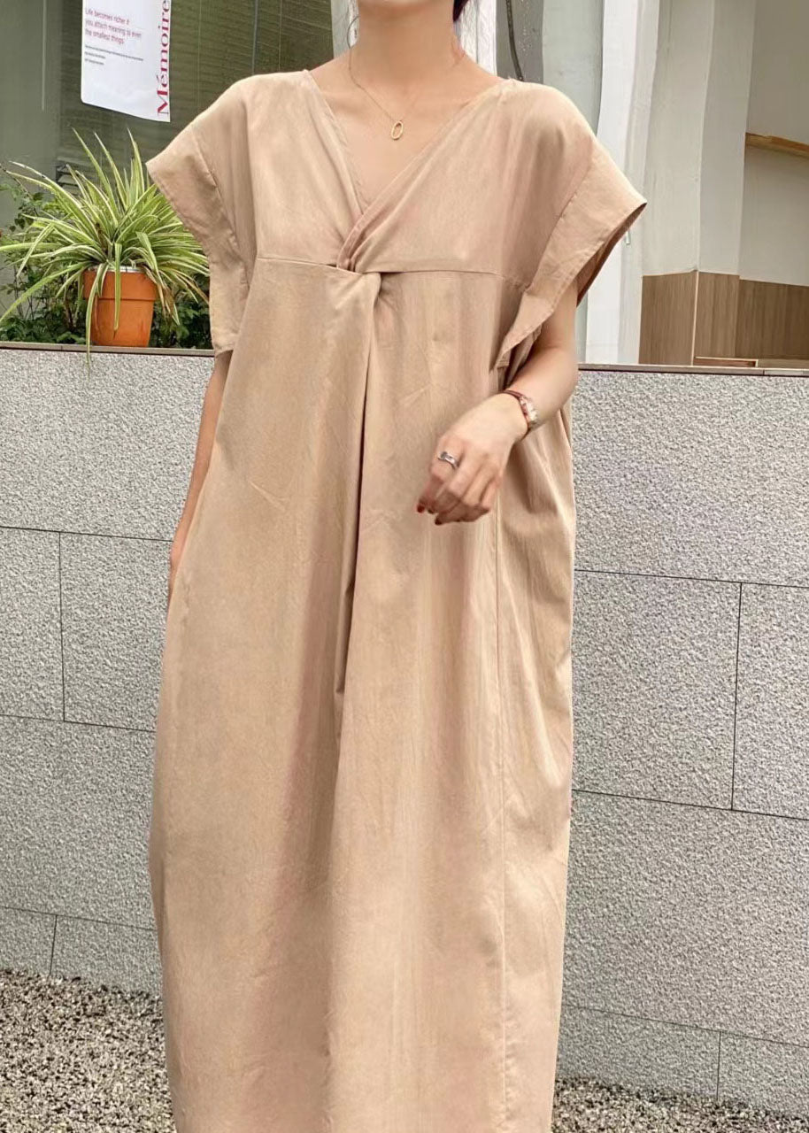 Linen Texture V-Neck Twist Front Cap Sleeve Pocket Oversized Midi Dress