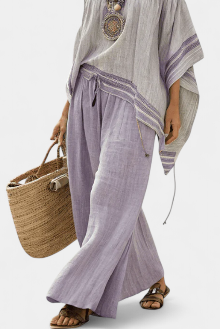 Off Shoulder Embroidered Trim Top and Wide Leg Pants Two Piece Set