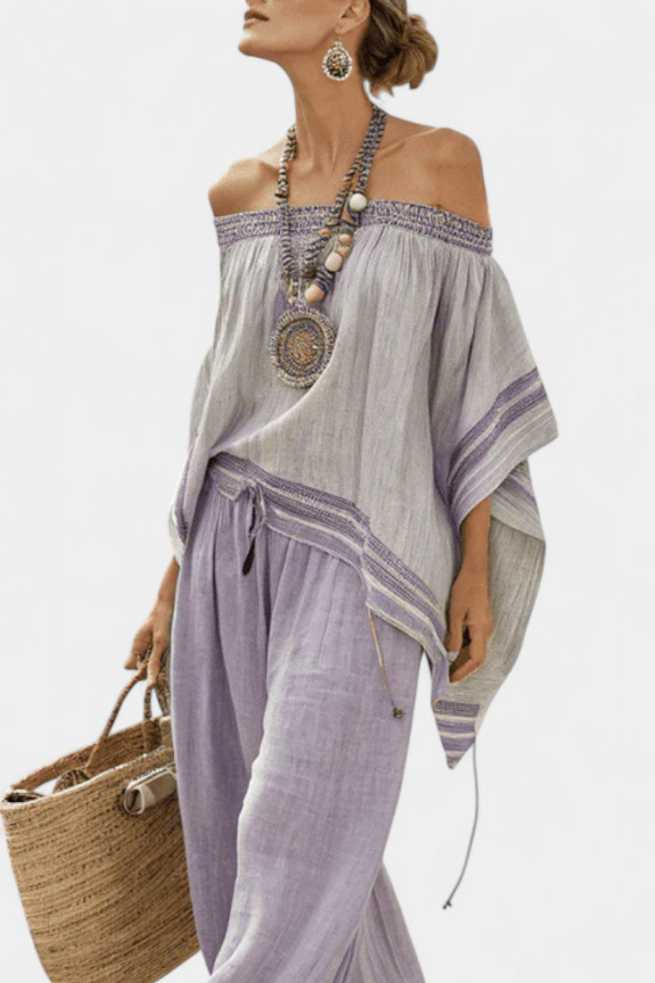 Off Shoulder Embroidered Trim Top and Wide Leg Pants Two Piece Set