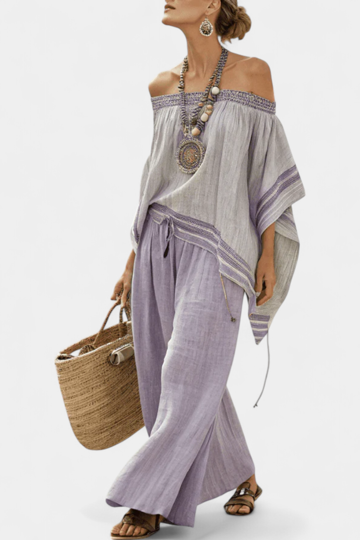 Off Shoulder Embroidered Trim Top and Wide Leg Pants Two Piece Set