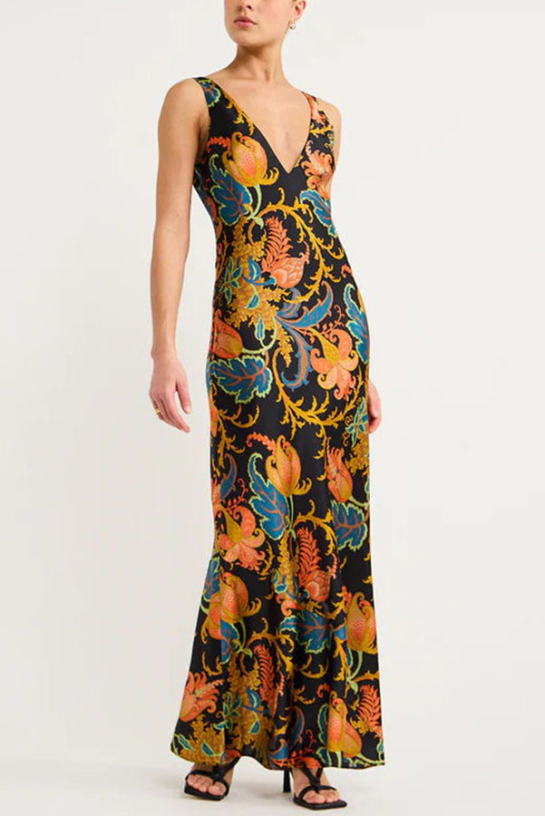 Forever Mine Satin Exclusive Botanical Print Slip Maxi Dress - View 4
