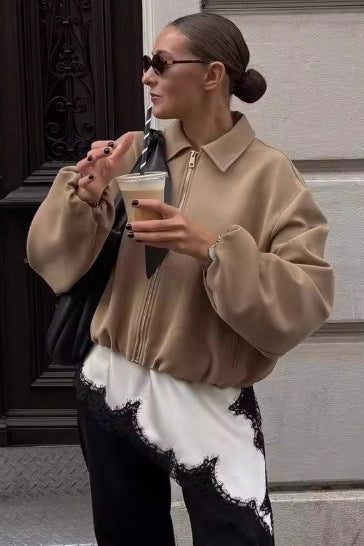 Casual Puff Lapel Zip Jacket