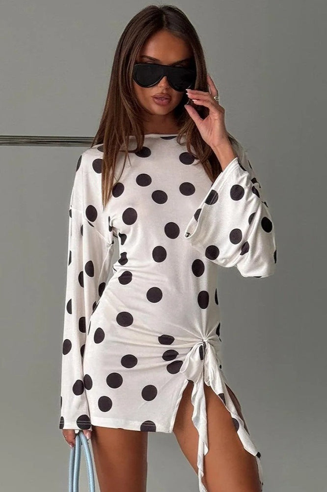 Long Sleeve Polka Dot Side Tie Bodycon Mini Dress