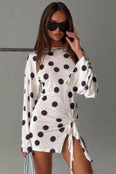 Long Sleeve Polka Dot Side Tie Bodycon Mini Dress