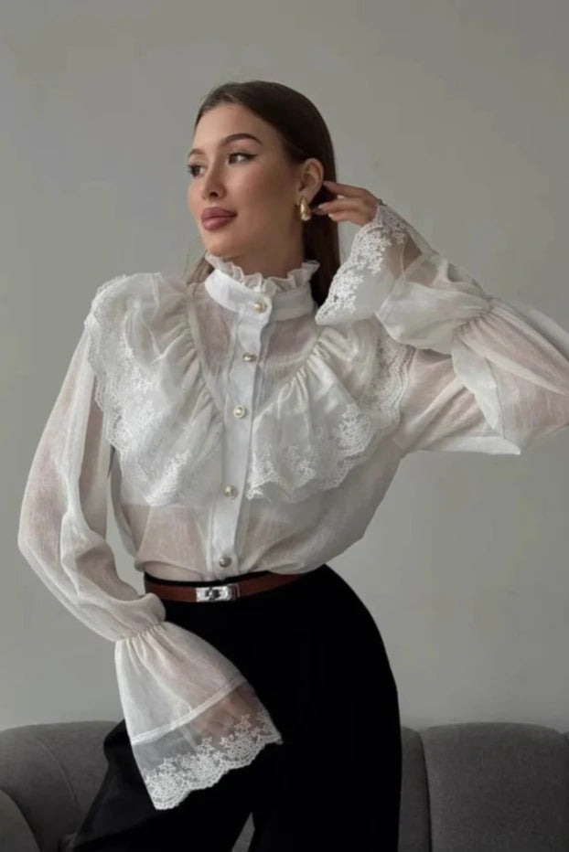 Chiffon Ruffle High Neck Long Sleeve Top