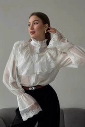 Chiffon Ruffle High Neck Long Sleeve Top