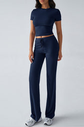 Essential Solid Color Crewneck Top Wide Leg Pants Set