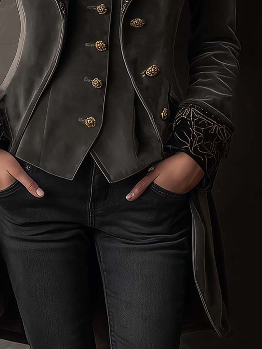 Embroidered Polyester Velvet Long Blazer