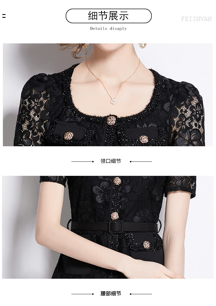 Faux Two Piece Lace Long Sleeve Pleated Midi Dress 36