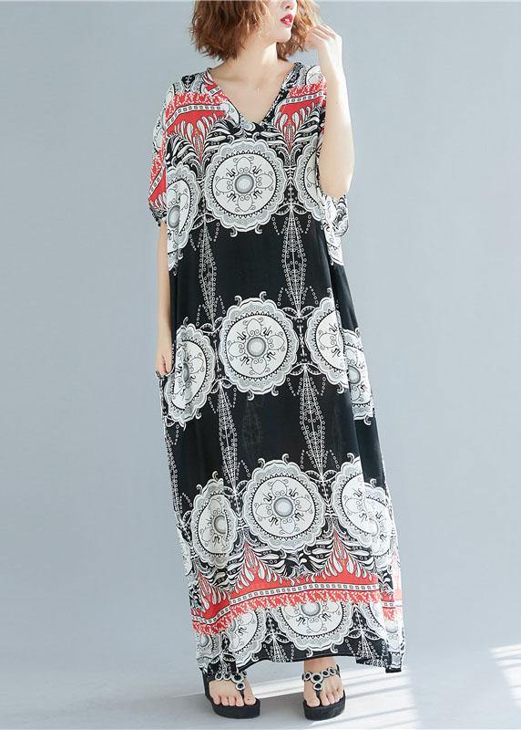 Mandala Medallion Print V-Neck Batwing Sleeve Border Trim Oversized Maxi Dress