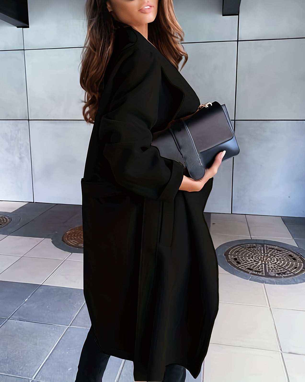 Elegant Waterfall Collar Open Front Belt Woolen Coat