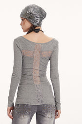 Sheer Lace Trim Long Sleeve Top