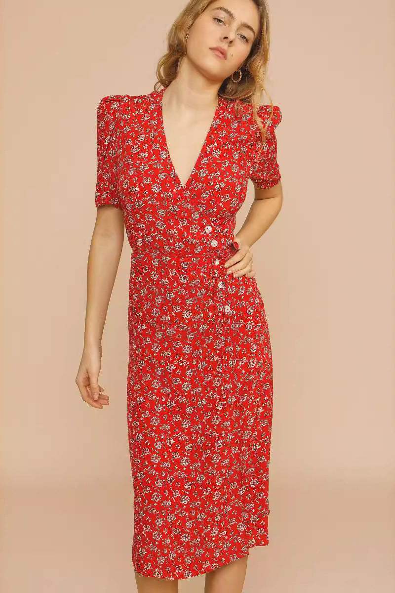 Elegant Vintage Print Midi Floral Dress