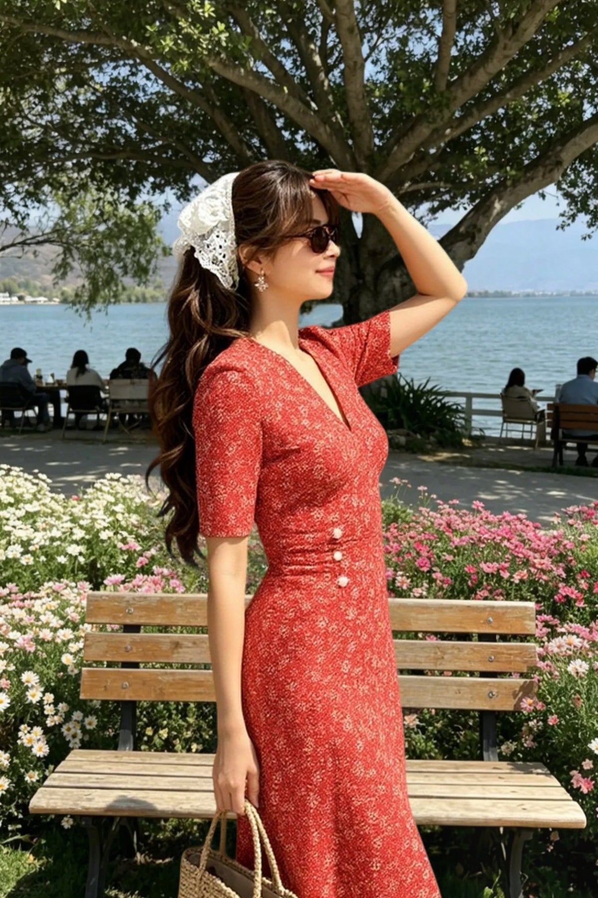 Floral V-Neck Short Sleeve Button Wrap Front Midi Dress 2