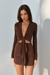 Square Neck Lace Trim Mini Dress in Brown