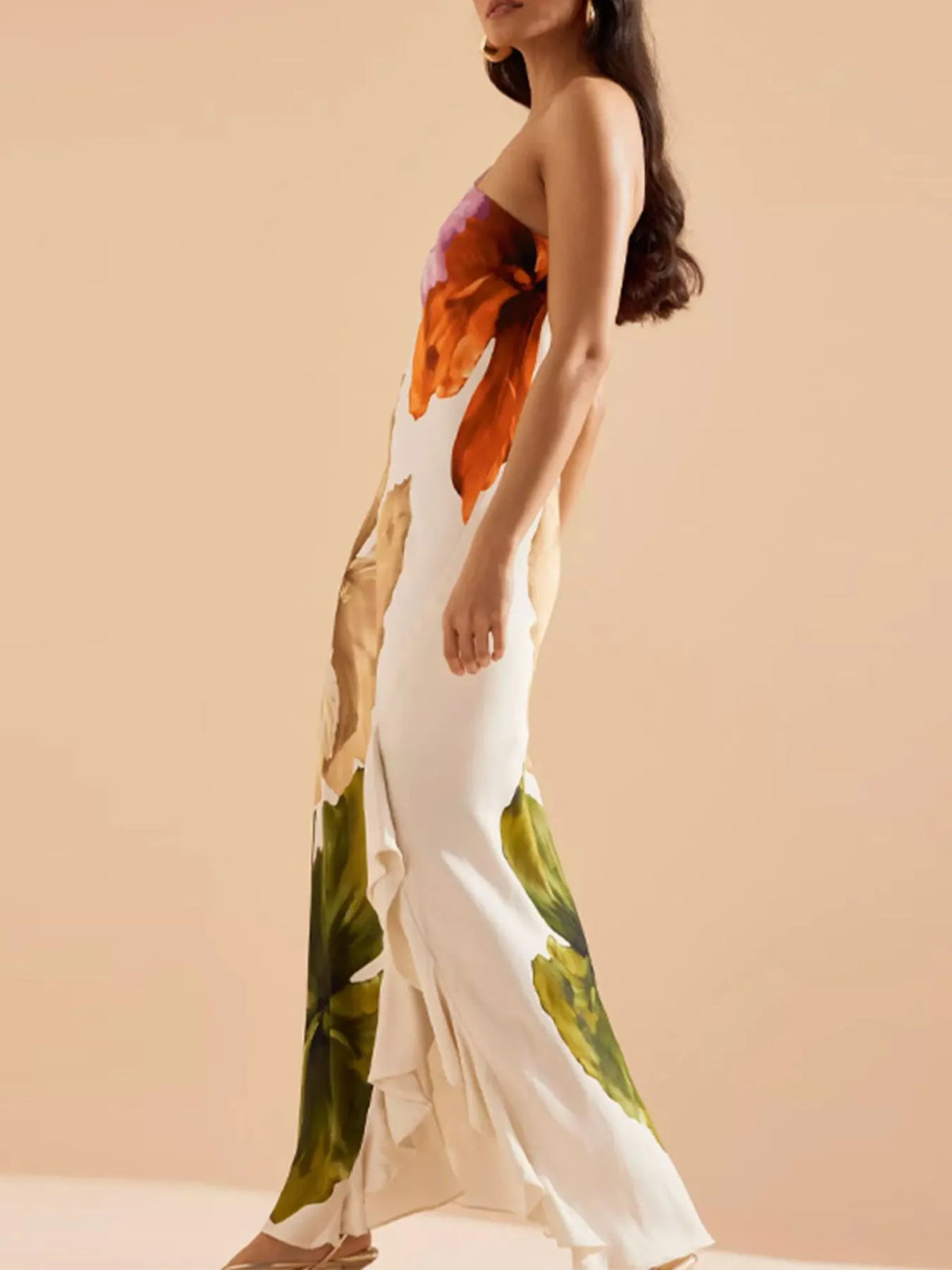 Floral Print One Shoulder Ruffle Trim Side Split Maxi Dress 4