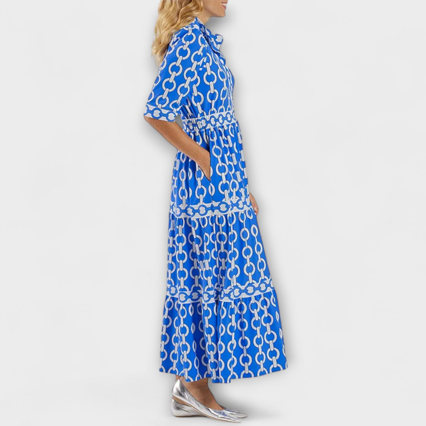 Chain Print Collared Long Sleeve Tiered Midi Dress 7