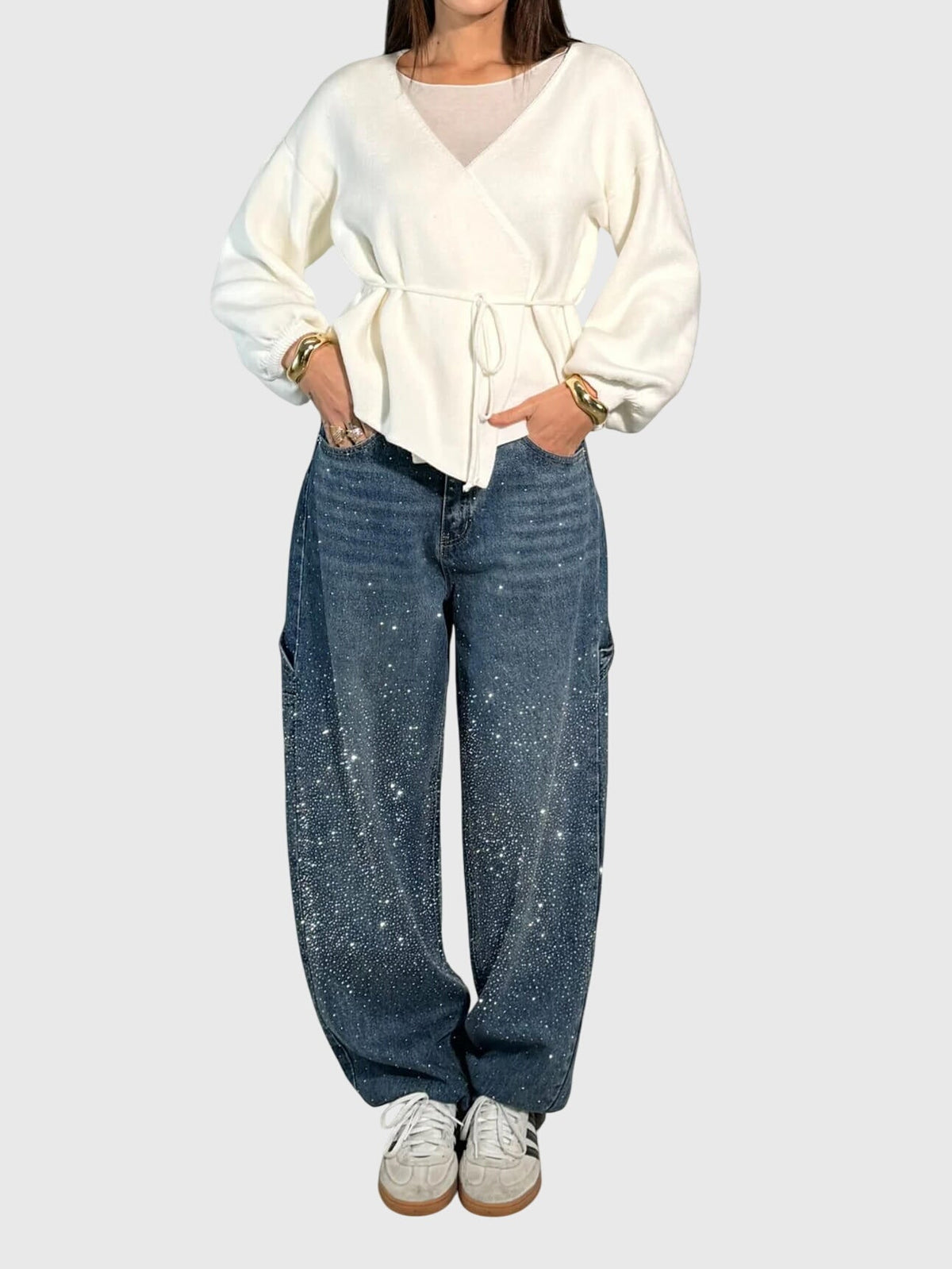 Rhinestone Embellished Wide Leg Cargo Jeans