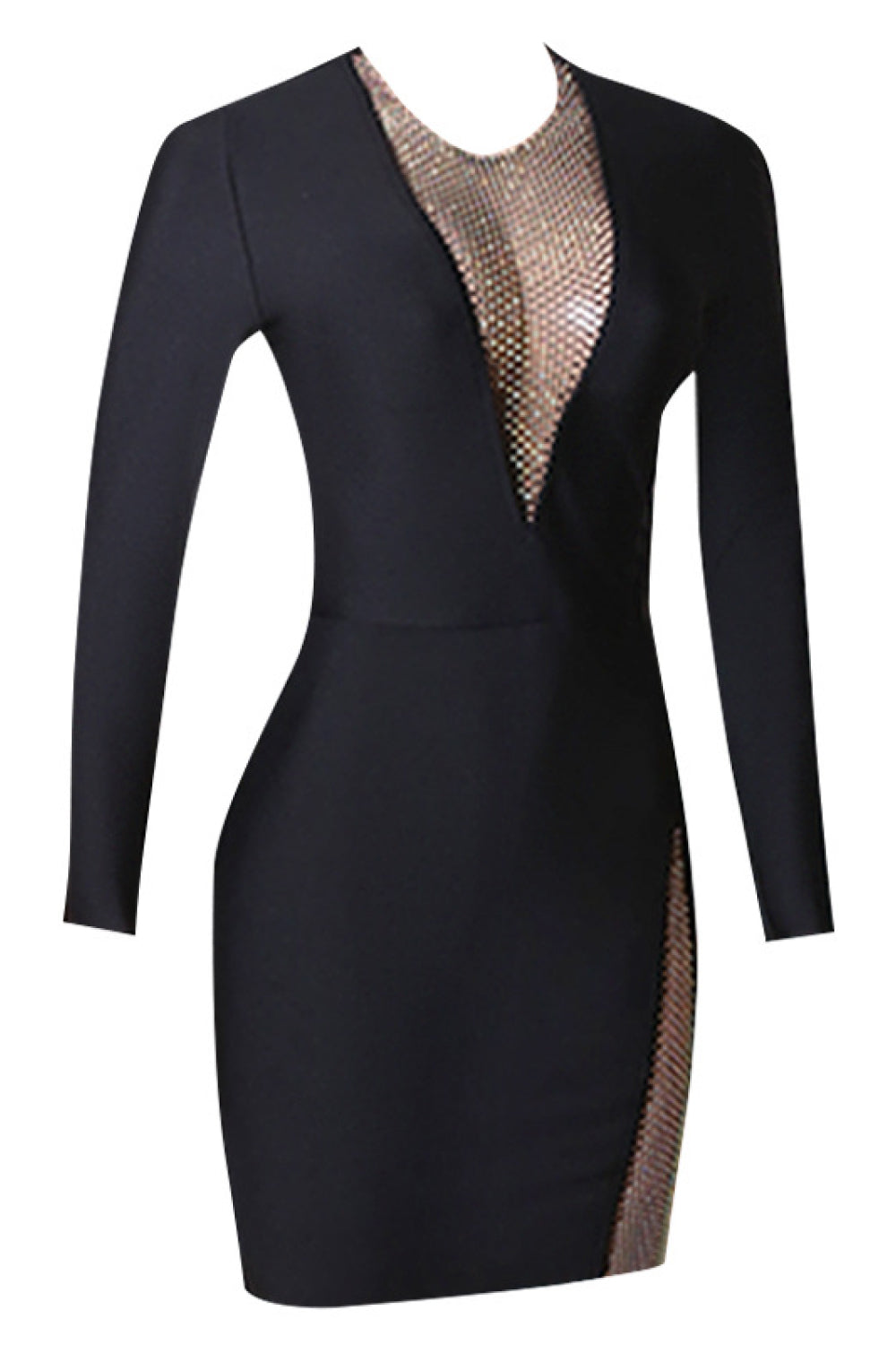 Bandage Deep V-Neck Rhinestone Mesh Panel Long Sleeve Mini Dress 12