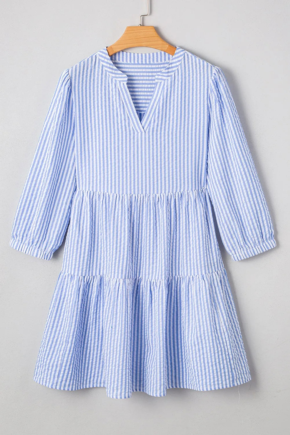 Striped Seersucker Notched Neck Balloon Sleeve Tiered Shift Dress with Pockets 6