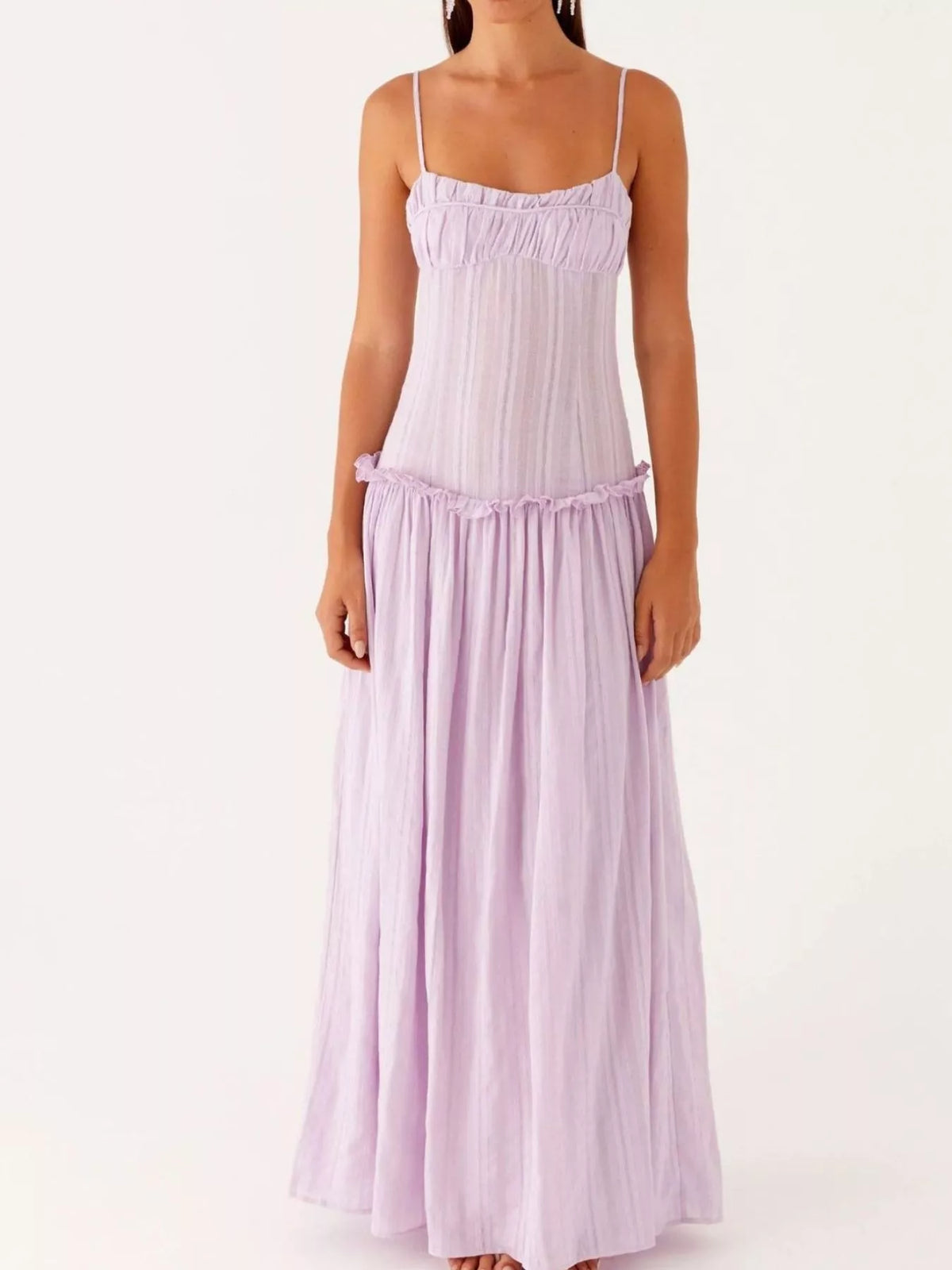 Ruched Bust Drop Waist Ruffle Trim Cami Maxi Dress 19