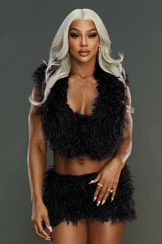 Fuzzy Hooded Deep V-Neck Crop Top and Mini Skirt Two Piece Set 3