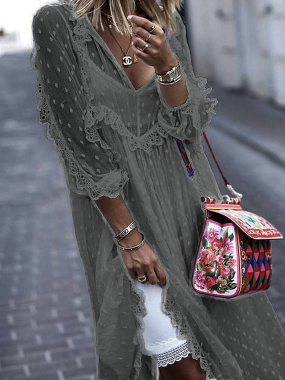 White Jacquard Polka Dot See-through Maxi Dress Long Sleeve - View 5