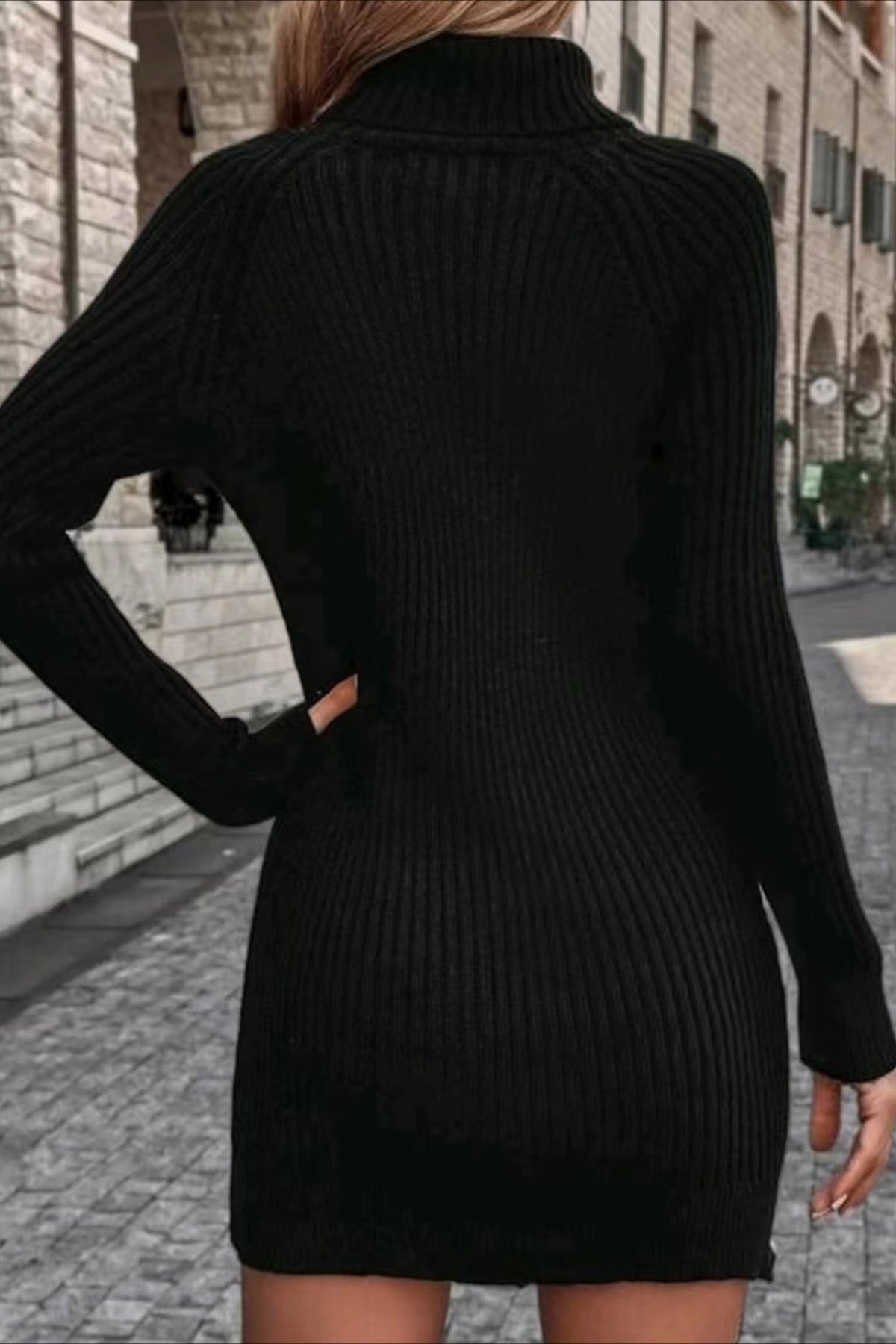 Turtleneck Long Sleeve Contrast Stripe Ribbed Knit Bodycon Mini Sweater Dress 2