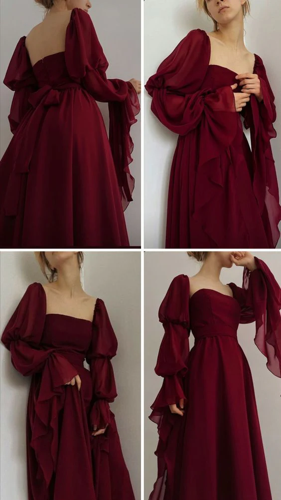 Vintage Burgundy Long A Line Prom Dress Romantic Evening Dress Party Gown cc1527