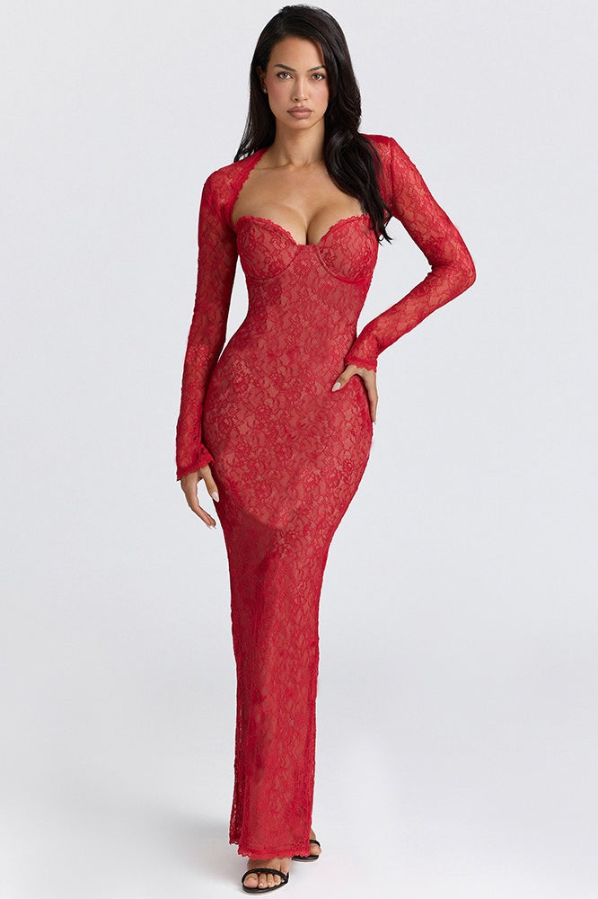 Lace Strapless Corset Bodycon Maxi Dress
