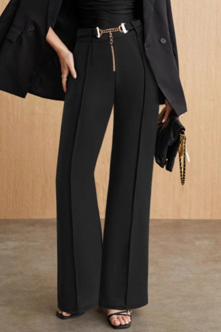 High Waist Chain Belt Front Seam Wide Leg Trousers