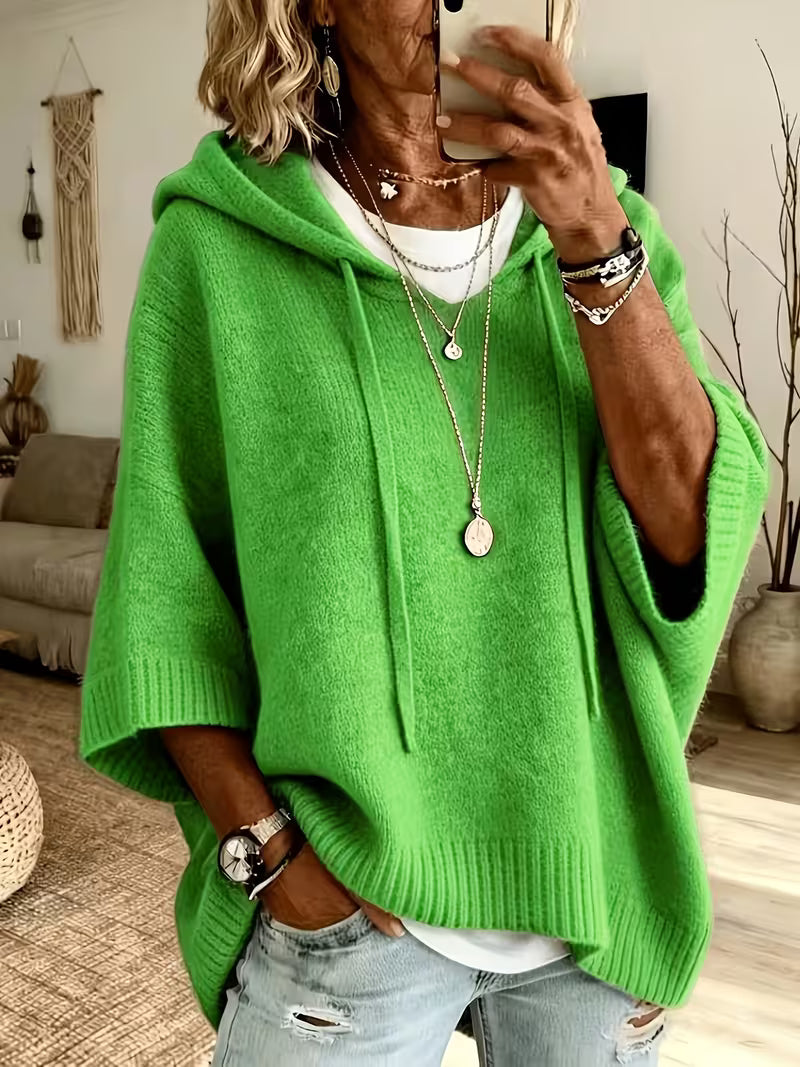Hooded Drawstring Oversized Knit Poncho Sweater