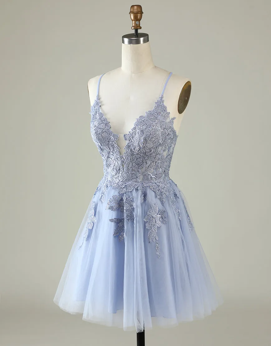 Spaghetti Straps Tulle Appliques Short Backless Prom Dress Party Dress cc1778