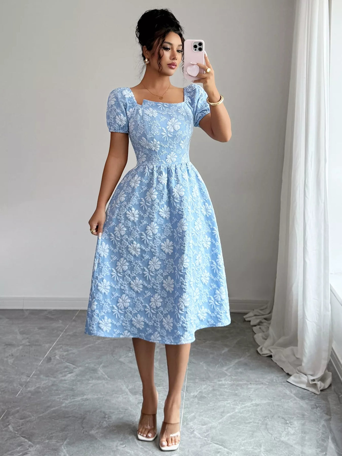 Floral Square Neck Puff Sleeve Midi Dress