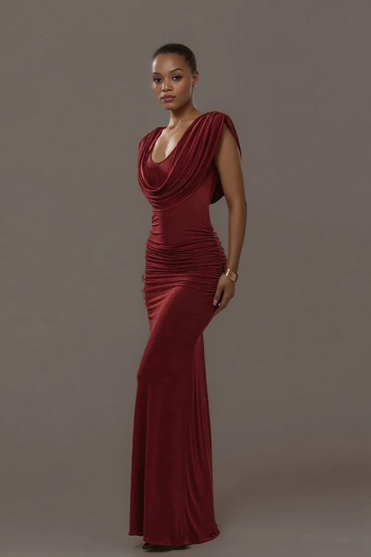 Solid Cowl Neck Ruched Waist Cinch Party Dress 5