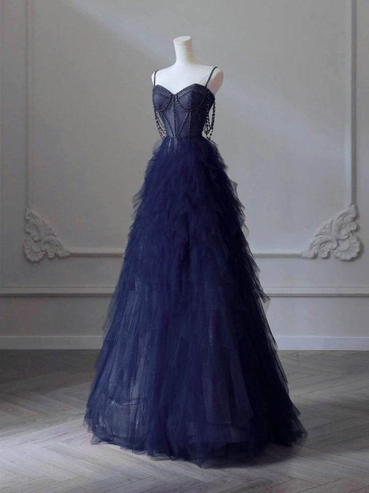 Pretty Sweetheart Neck Navy Blue Prom Dress, Tulle Beaded Long Graduation Dress Ball Gown cc1658