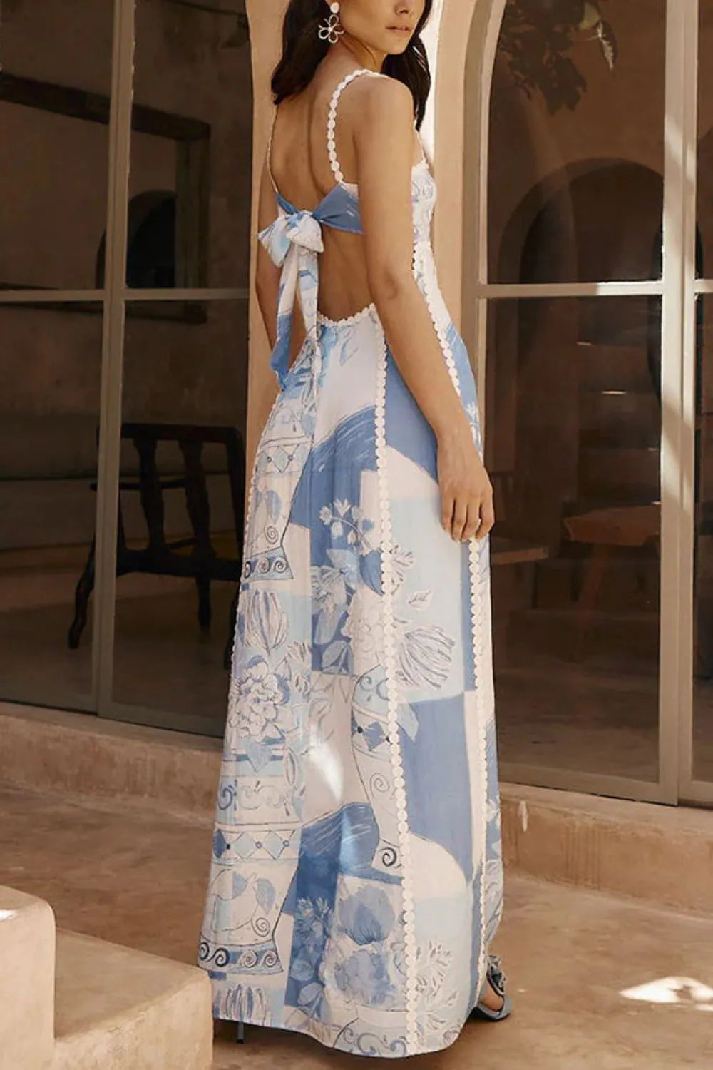 Patchwork Print Square Neck Ric Rac Trim Cut Out Back Maxi Dress 6